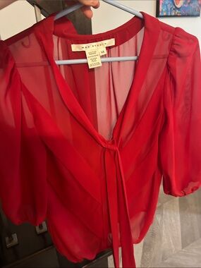 Max Studio Red Sheer Tie-Neck Puff Sleeve Blouse